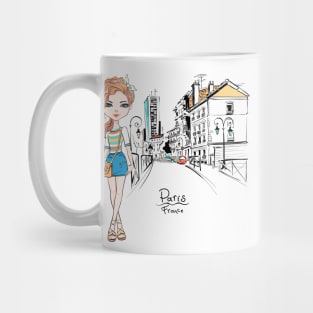 Vector fashion girl in summer clothes in Paris Mug